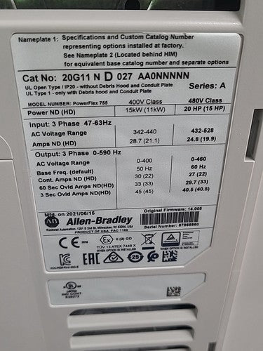 Allen Bradley PowerFlex 755 VFD AC Drive 20G11ND027AA0NNNN Frame 3 Series A 15HP