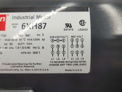 Dayton 6XH87 Industrial Motor 1/4 HP 3 Phase 208-230/460V 1725 RPM ODP Frame 48