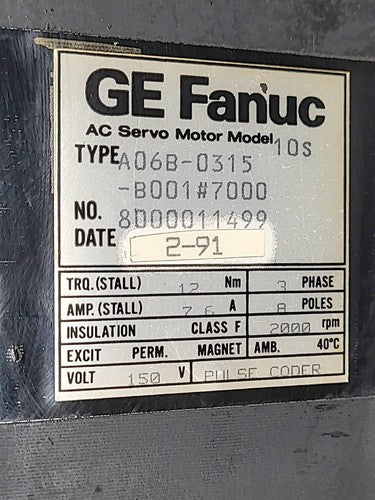 GE Fanuc 10S AC Servo Motor A06B-0315-B001#7000 w/ Sankyo GTR-6B Coupling