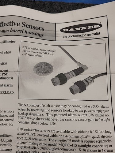 Banner Engineering S18SN6L Photoelectric Sensor Retroreflective EZ-BEAM 29511