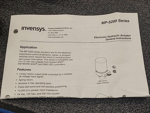 Schneider Invensys MP-5210-703-0-4 Hydraulic Actuator A0543319 120V MP521070304