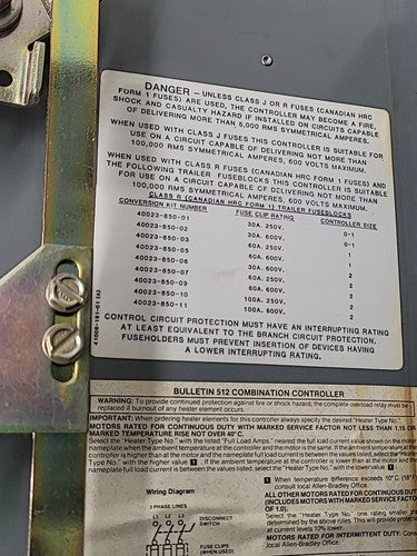 Allen Bradley Bulletin 512 Combination Controller Motor Starter Control Panel