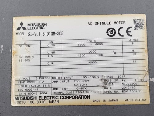 Mitsubishi Electric AC Spindle Servo Motor SJ-VL1.5-01GM-S05 0.75Kw Continuous