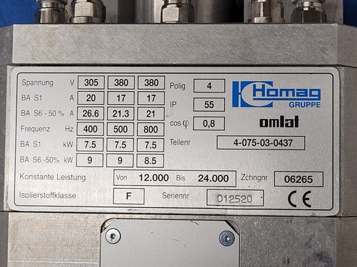 Homag Weeke Omlat High Speed 9kW Spindle 12K-24K RPM Working Pull 4-075-03-0437