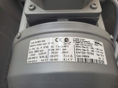 Rubin 220 Briwa Tec Vacuum Regen Regenerative Blower 3PH 240V 1.75kW 153CFM
