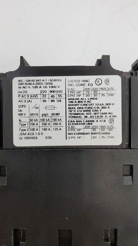 SIEMENS SIRIUS 3RT1046-1AL24 Contactor 95A 400V 230VAC 50/60Hz w/ 3RH1921-1HA22