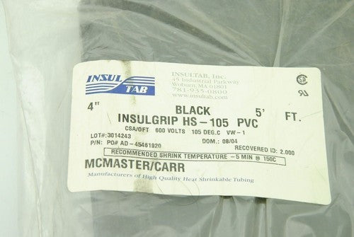 INSULTAB Heat ShrinkTube, 4" X 5' Sleeve, PVC, Black, 2:1 Shrink Ratio - NEW