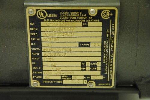 Baldor Electric Co. CA263452 # 34-5323-5721, AC Motor .75HP 208-230/460V