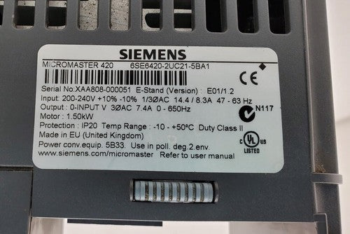 SIEMENS Micromaster 420 6SE6420-2UC21-5BA1 Inverter Drive 1.5 kW 240V ProfiBus