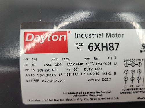 Dayton 6XH87 Industrial Motor 1/4 HP 3 Phase 208-230/460V 1725 RPM ODP Frame 48