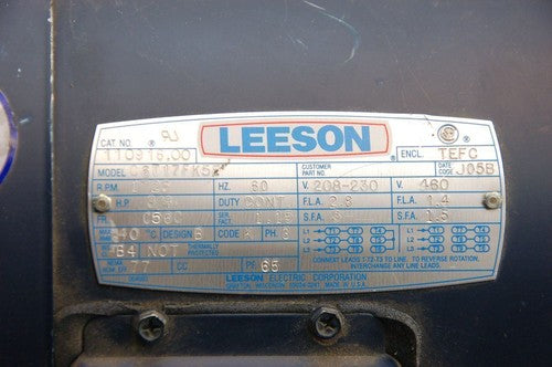 Leeson 110916 3/4HP Motor 1725 RPM, 208-230/460V , 3-Phase - For Parts or Repair