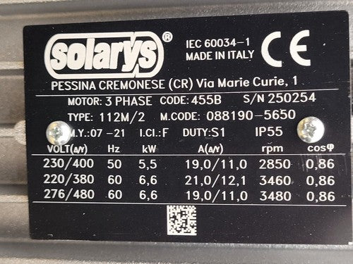 Solarys Regenerative Blower  455 BP 50/60Hz 230-480VAC 3PH 5.5-6.6kW 8HP