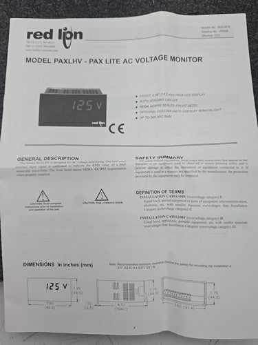 Red Lion PAXLHV Pax Lite AC Voltage Monitor Digital Panel Meter 600 VAC LED