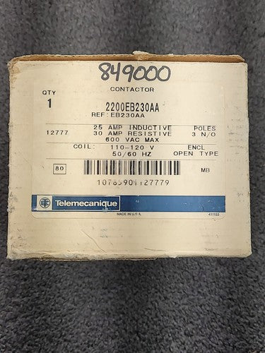 Telemecanique 2200EB230AA Contactor EB230AA 110-120V Coil 3 Pole N/O 600VAC Max