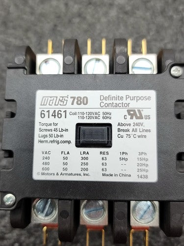 Mars 780 Definite Purpose Contactor 61461 3 Pole 50A FLA 120VAC Coil HVAC