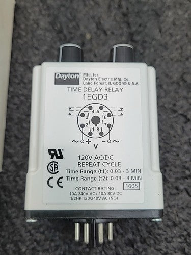 Dayton 1EGD3 Time Delay Relay Repeat Cycle 120V AC/DC t1 t2 0.03 - 3 Min No Base