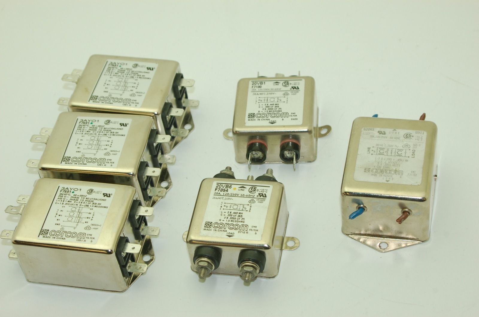 Corcom Electrical Line Filters, 3AYO1, 20VB6, 20VB1, 10VR3 - Lot of 6