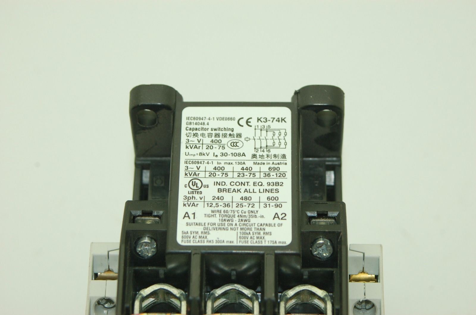 Omega K3-74K Capacitor Switching Contactor, 400-690 VAC, 3-PH, 30-108A