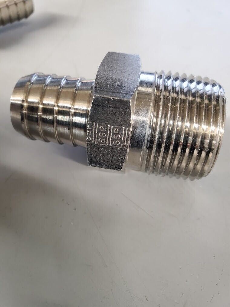 SSP Push-On Barb Male SS Pipe Connector 33mm Threads by 22mm Hose Lot of 4