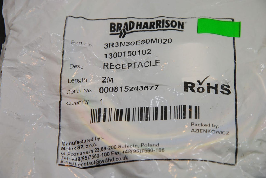 Brad / Molex 1300150102 (3R3N30E80M020) 19-Pole F Recept, 2M L - NEW