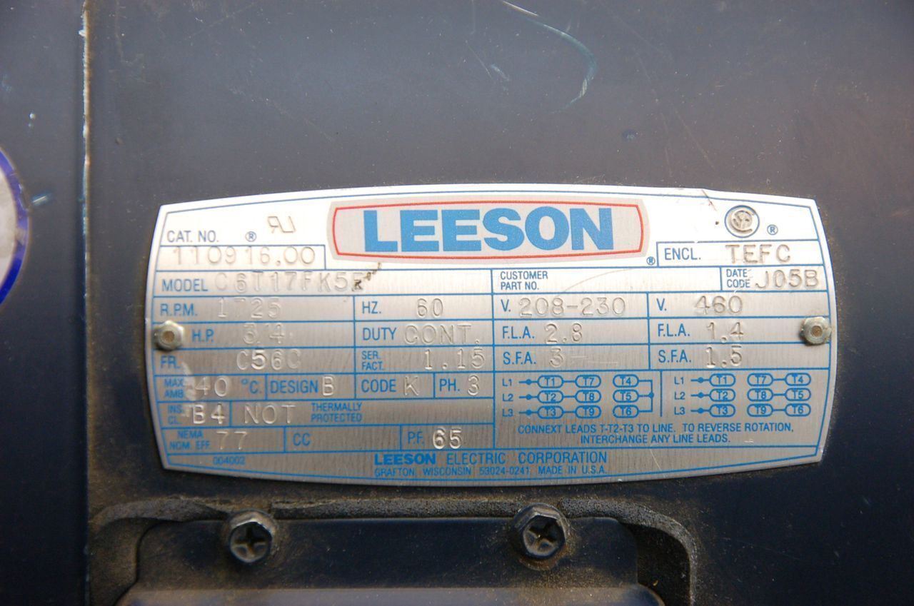 Leeson 110916 3/4HP Motor 1725 RPM, 208-230/460V , 3-Phase - For Parts or Repair