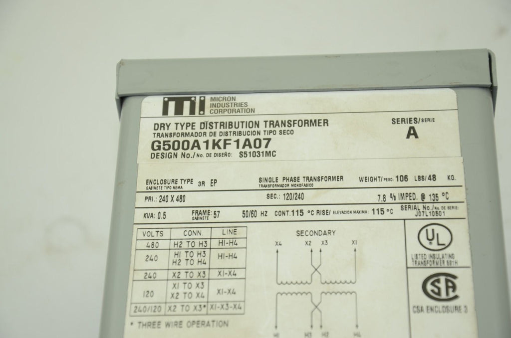 Micron Industries MI G500A1KF1A07 0.5KVA Transformer, 240x480, 120/240