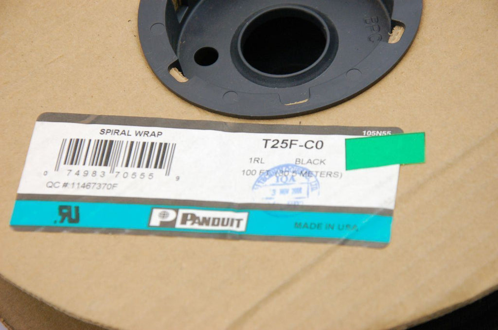 Panduit T25F-C0 1/4" OD Poly Spiral Wrap, Black, Roll of 100' - NEW, Old Stock