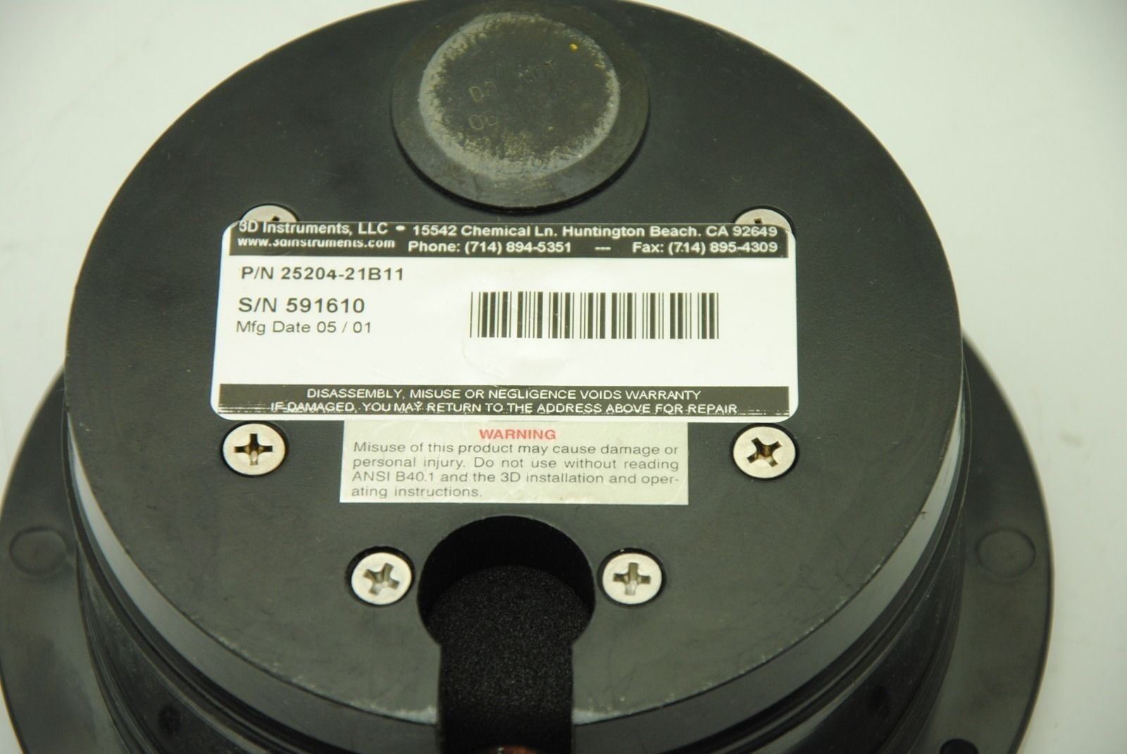 3D Instruments 25204-21B11, 4" Vacuum Gauge, -30" In.Hg. to 0