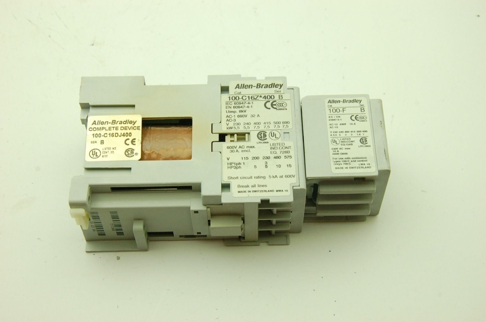 Allen Bradley 100-C16DJ400 30A 600V Contactor 10A Aux. Contactor 24VDC Coil DIN