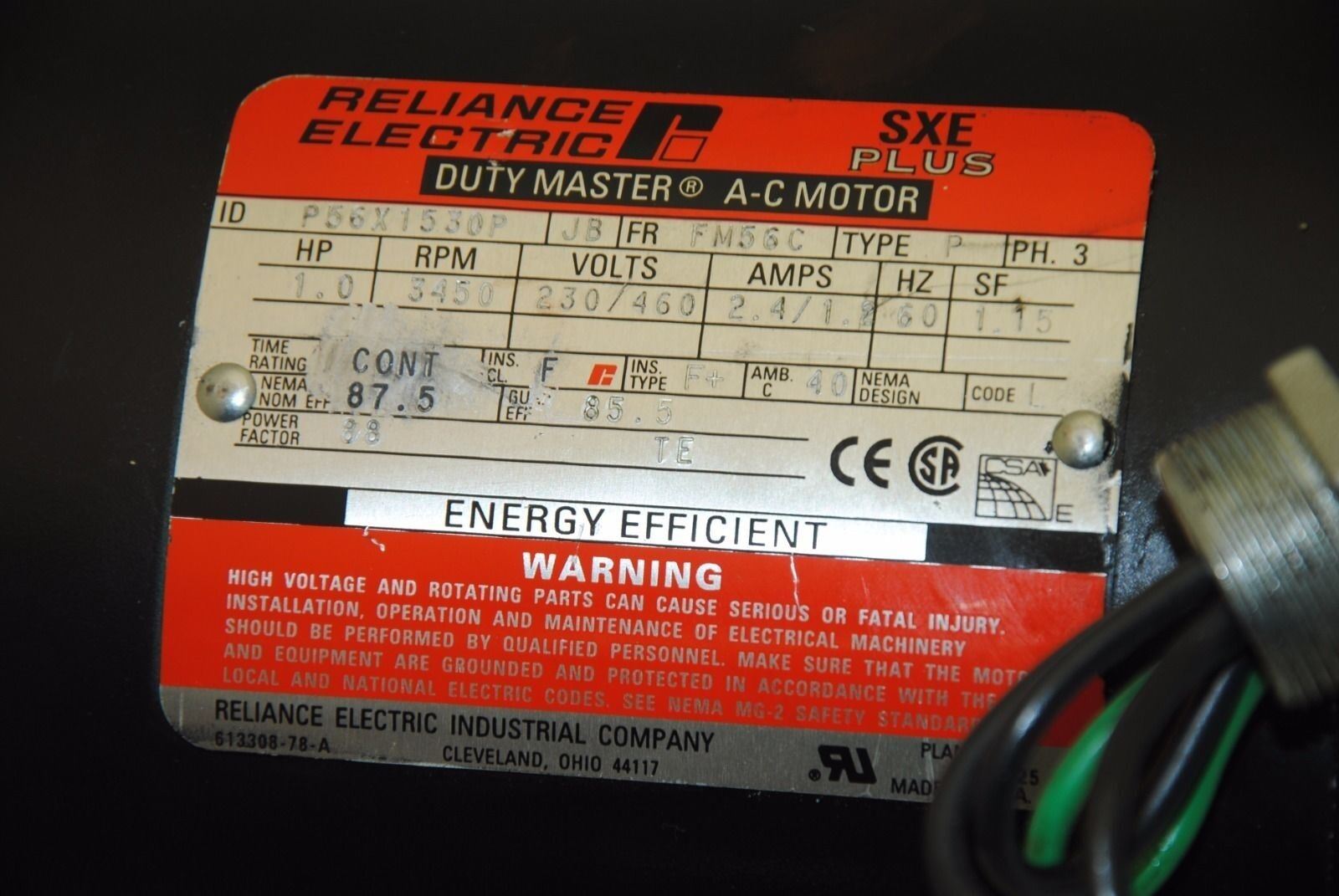 Reliance Electric Duty Master AC Motor, P56X1530P, 230/460VAC, 60Hz, 3450RPM
