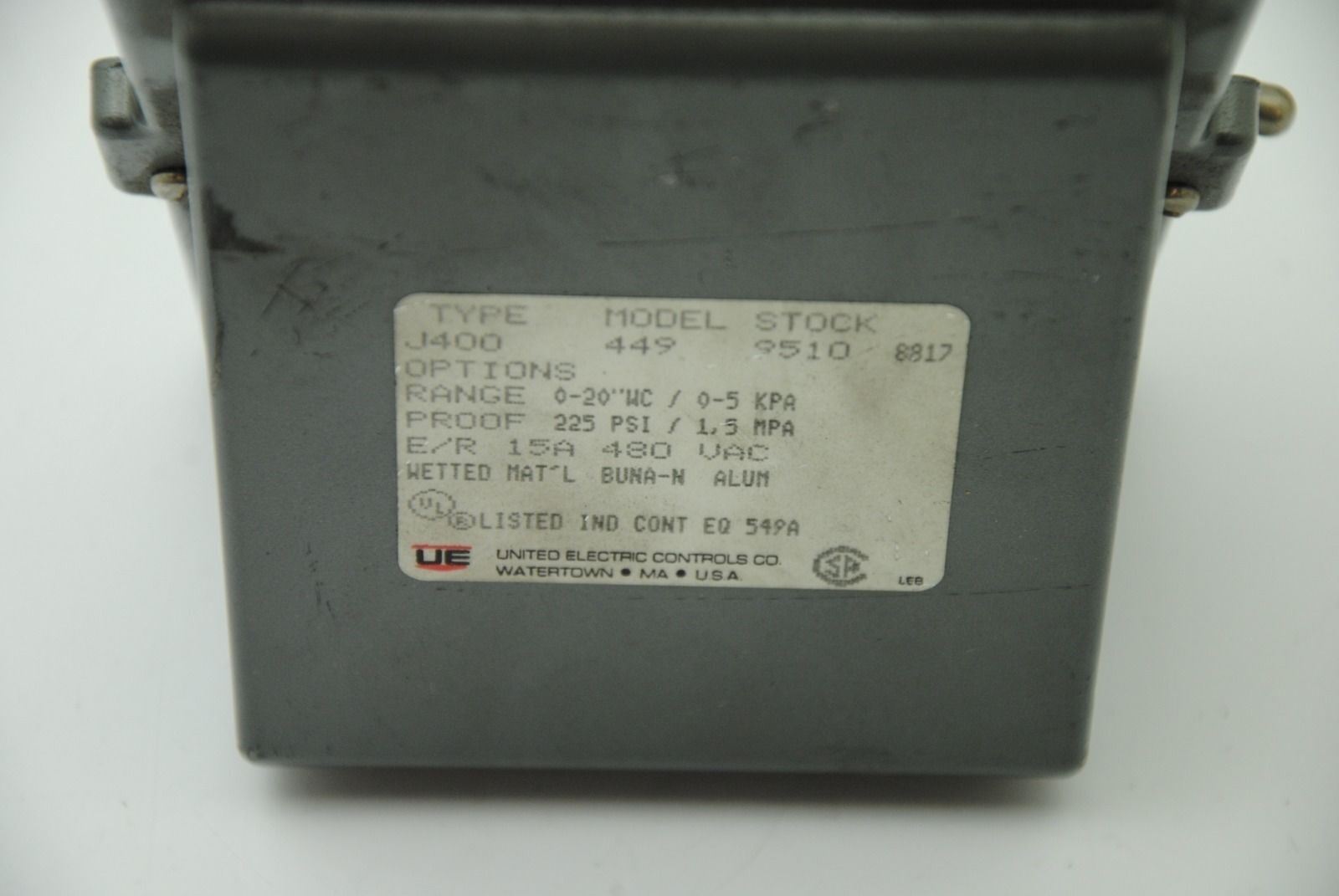 United Electric Controls 449, Pressure Switch, 225-PSI Proof, 15A 480VAC