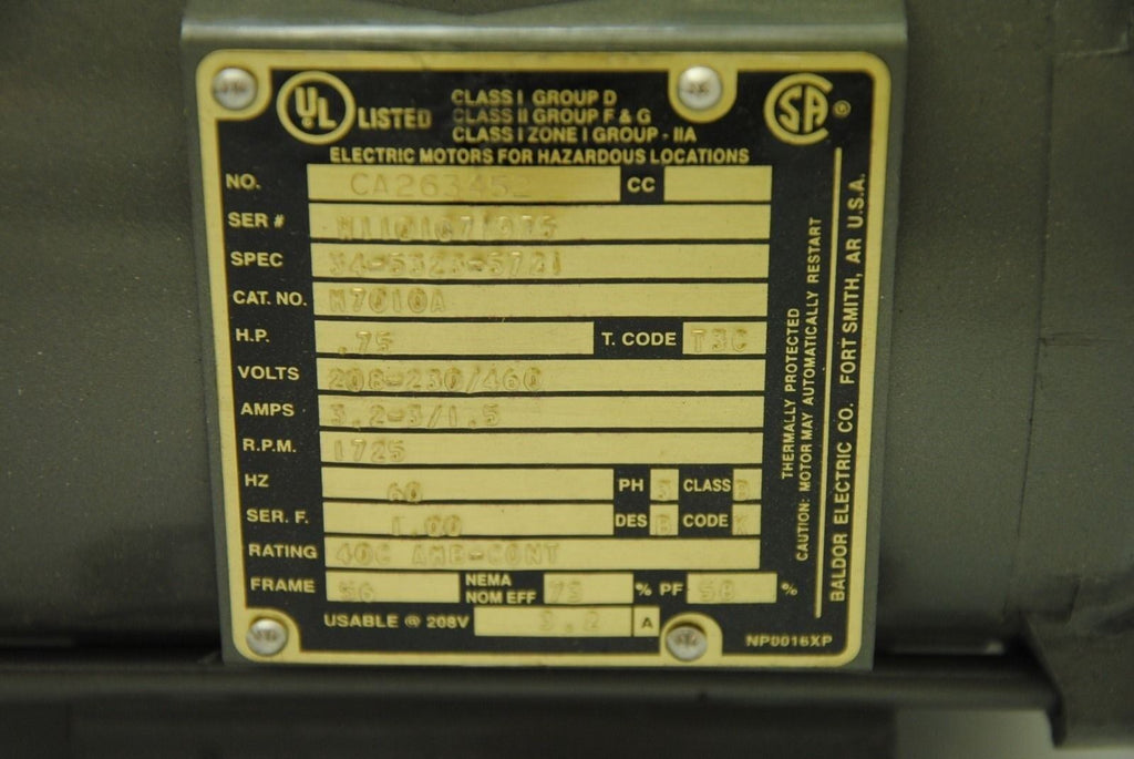 Baldor Electric Co. CA263452 # 34-5323-5721, AC Motor .75HP 208-230/460V