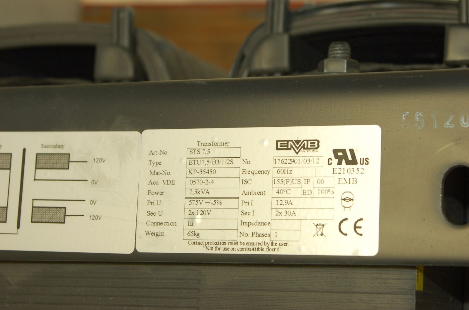 EMB STS 7.5 Transformer 7.5kVA Primary: 575VAC Secondary: 2x 120VAC 30A 50/60Hz