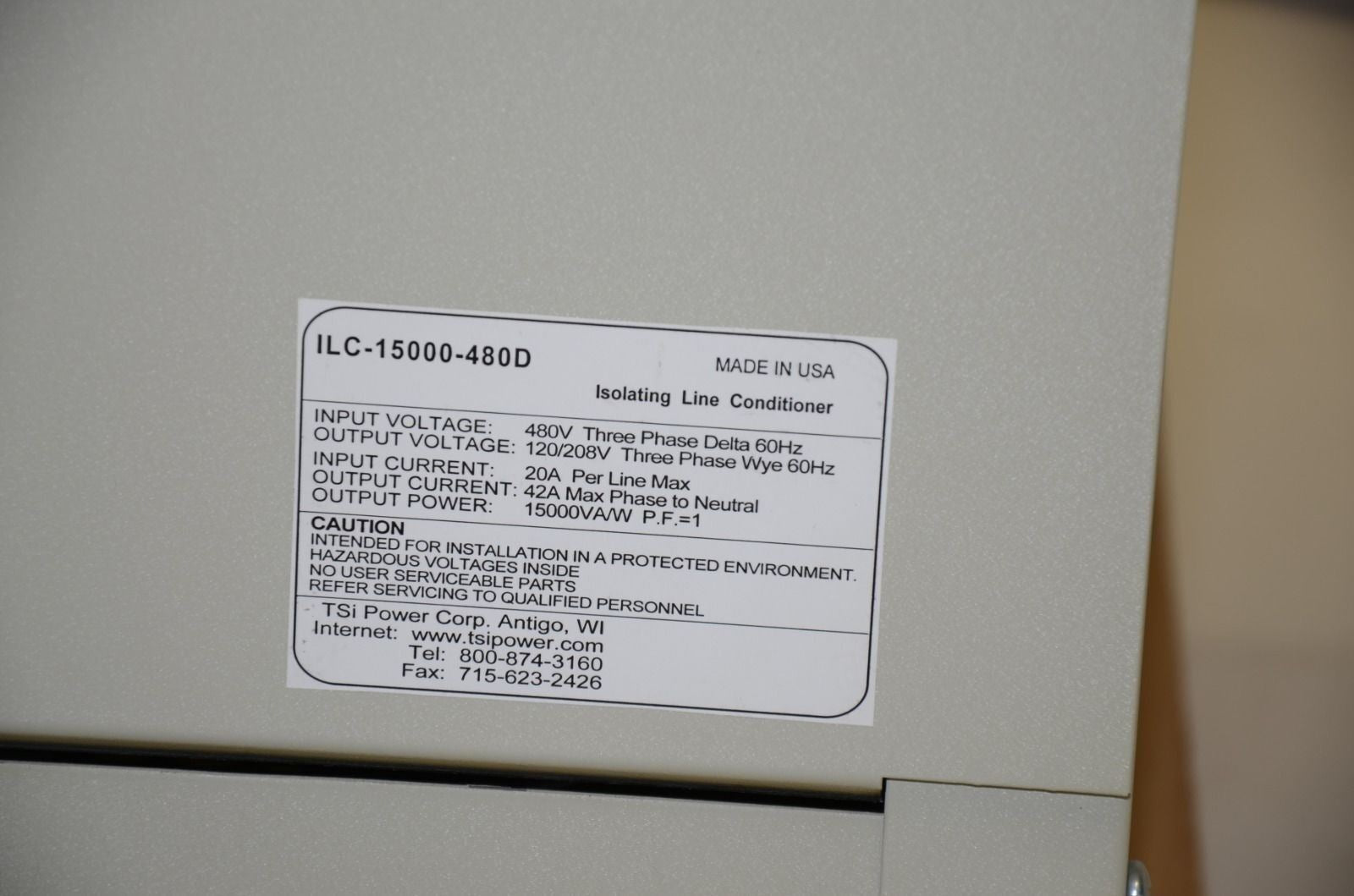 TSI Power Corp ILC-15000-480D Isolating Line Conditioner 480VAC, 60Hz, 3-PH