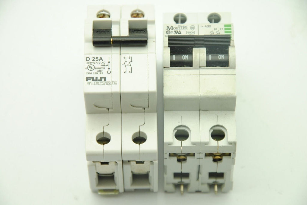 Lot of 2, 2-Pole Circuit Breakers, FUJI CP6 2DU25 D-25A & MOELLER FAZN C10