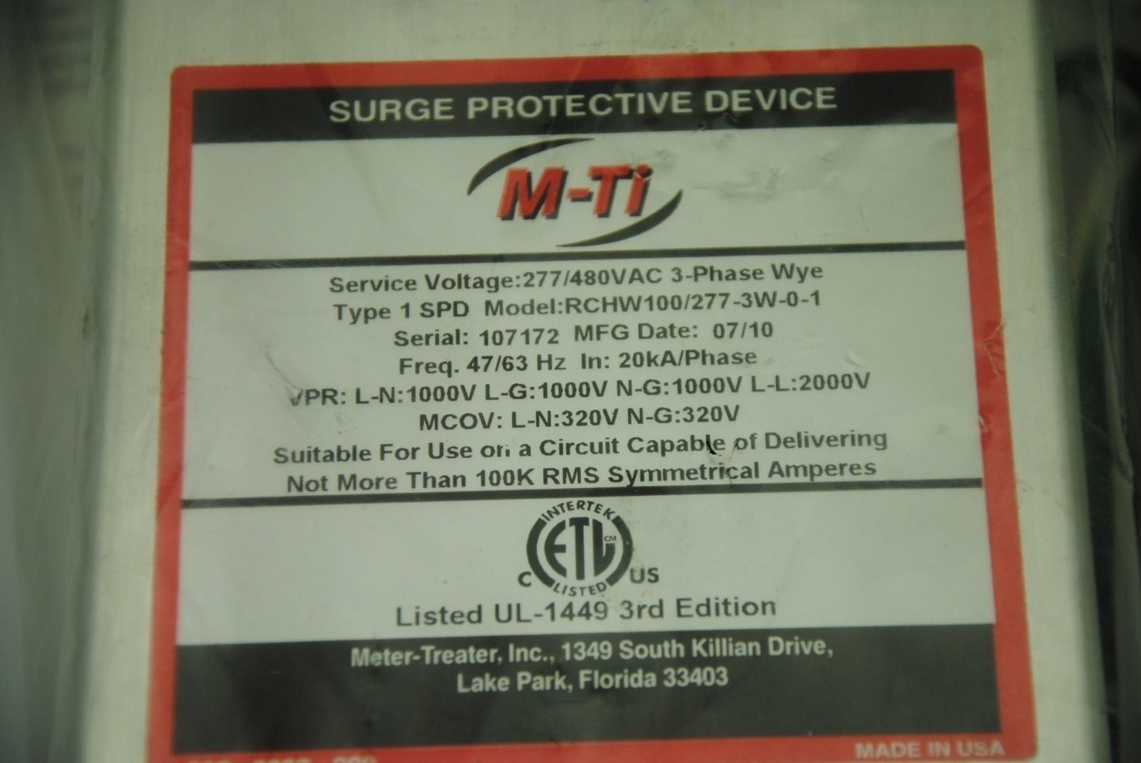 M-Ti AC Line Surge Protector RCHW100/277-3W-0-1, New