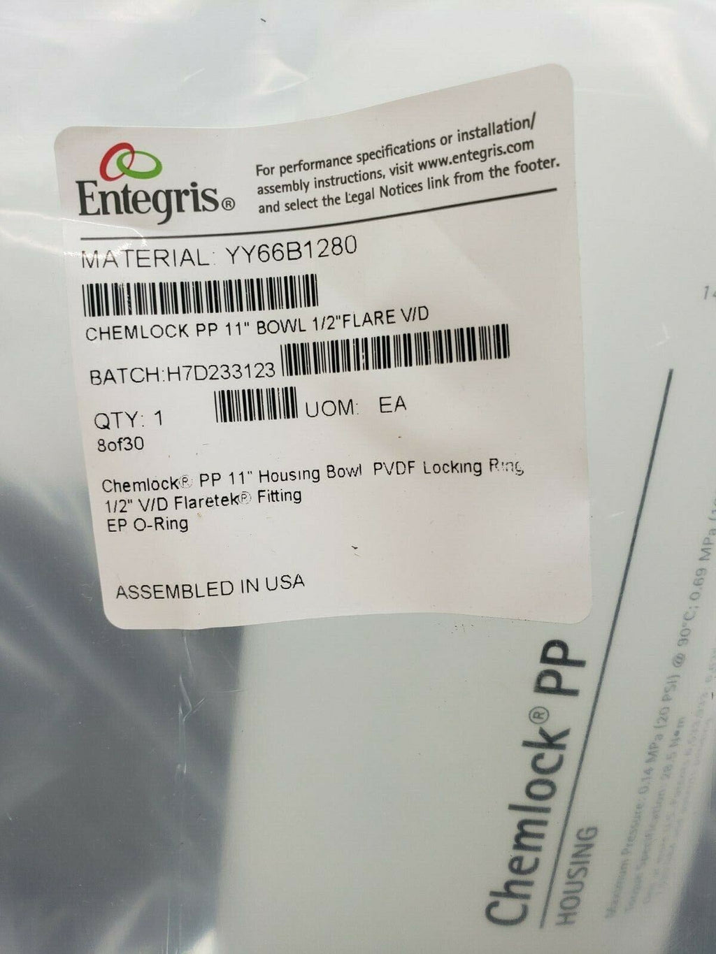 New Entegris Chemlock Filter YY66B1280 Housing & YY56HF20F Housing Head