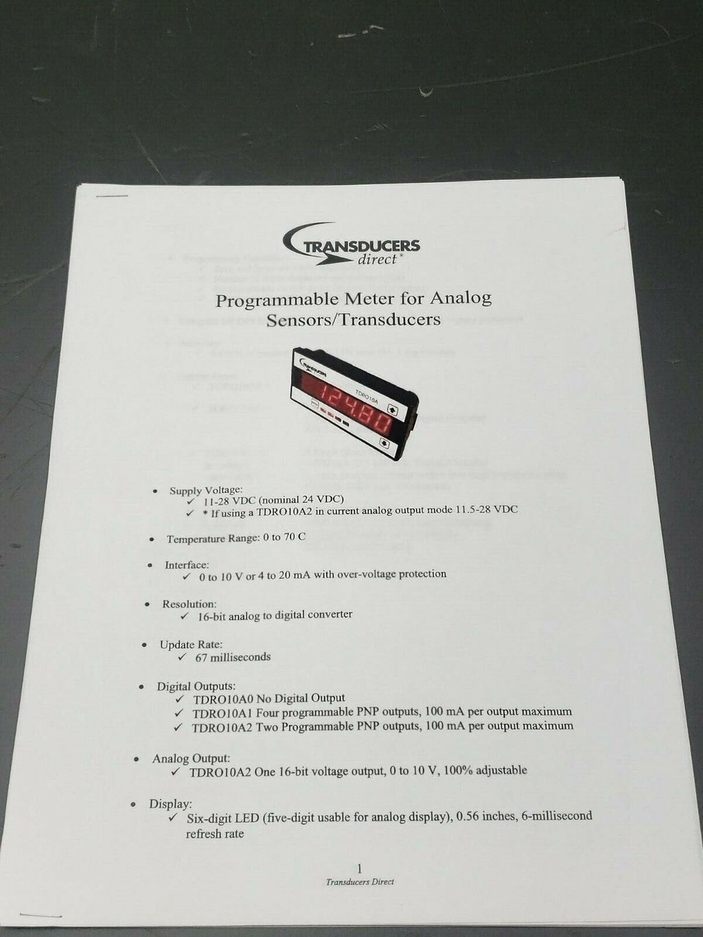 Transducers Direct TDRO10A0 Digital Meter / Digital Controller Manual Included