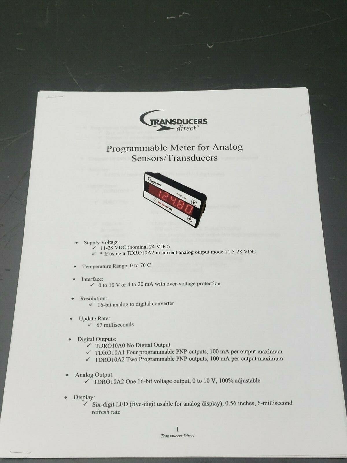 Transducers Direct TDRO10A0 Digital Meter / Digital Controller Manual Included
