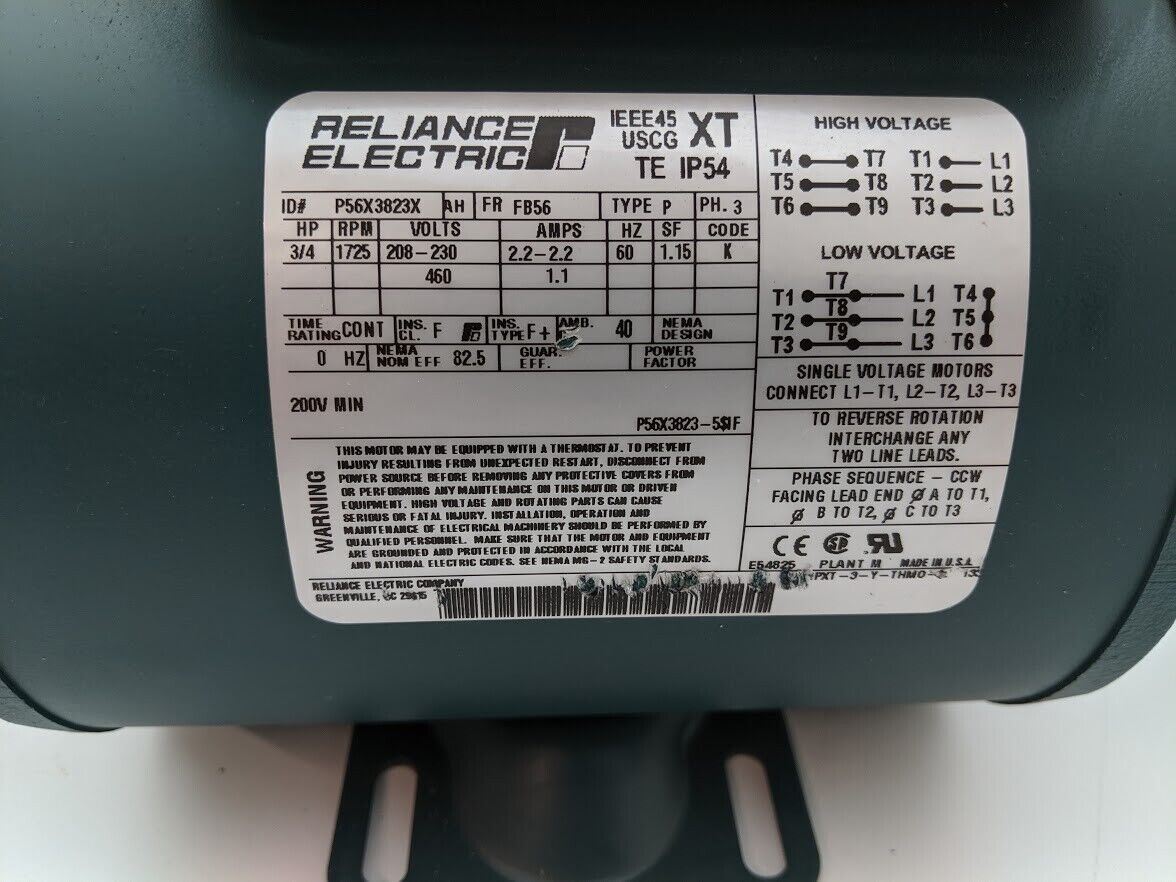 Reliance Electric 3/4 HP Motor P56X3823X 208-220/460V 1.1-2.2A TE