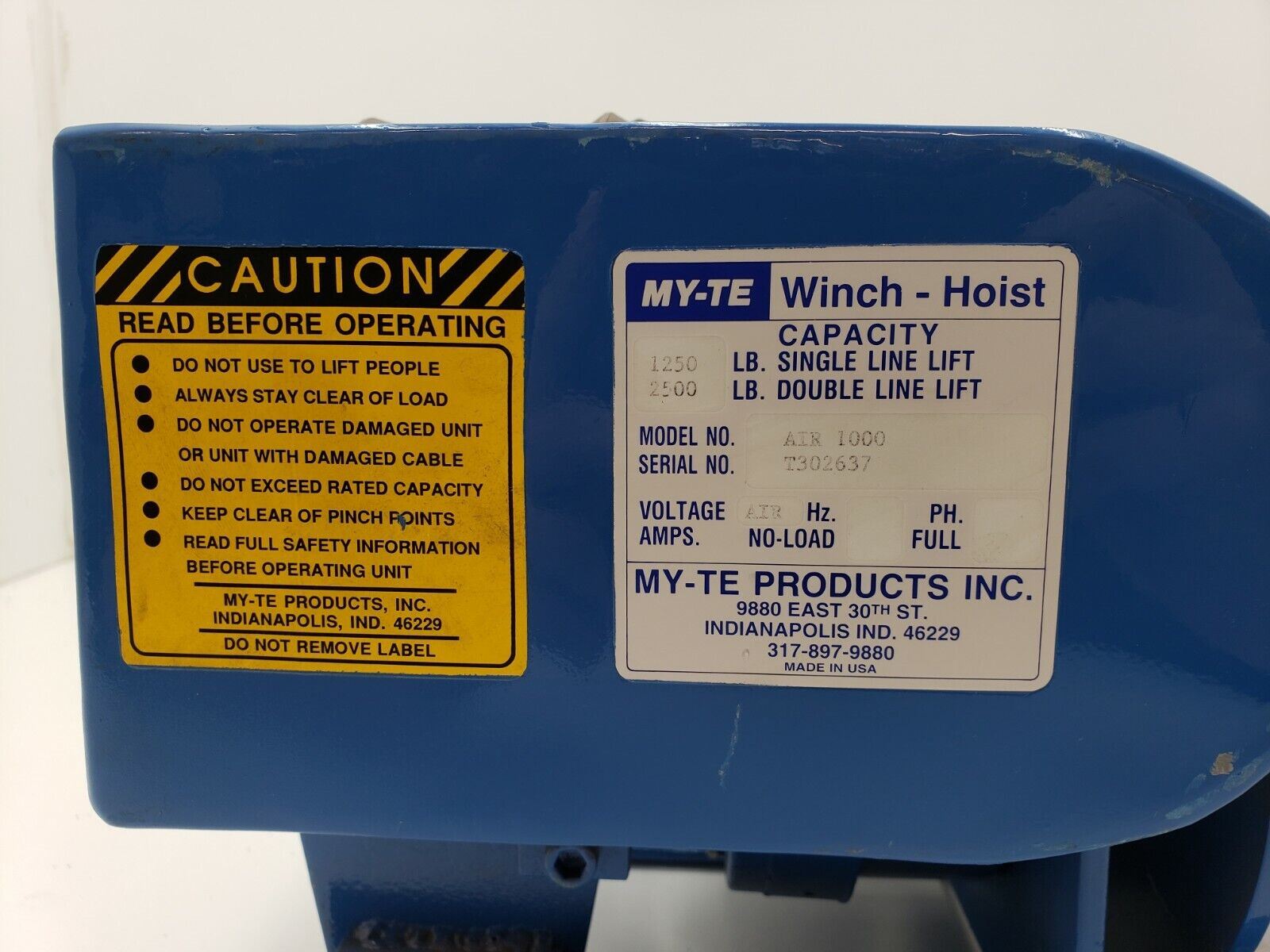MY-TE Air 1000 – Standard Pneumatic Winch-Hoist 2500 Lbs Lift
