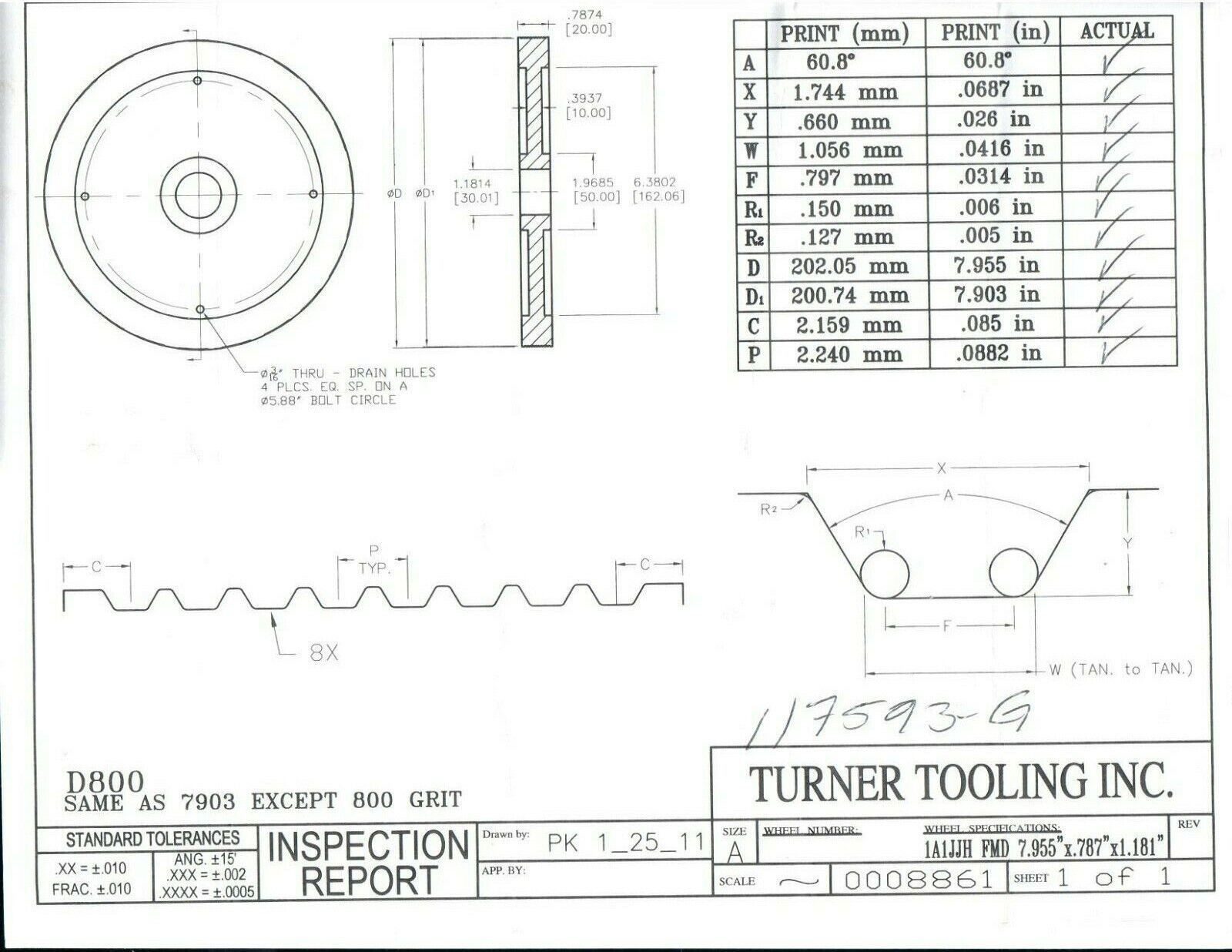 4x Turner Grooved 8" Diamond Plated Grinding Wheel Sapphire 800 Grit (D)