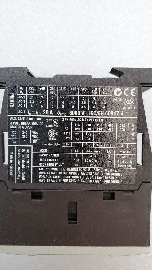 Eaton DIL M7-10 24V 3PH 600VAC 20A Contactor 3 Pole XTCE007B10 M007B DIN Rail