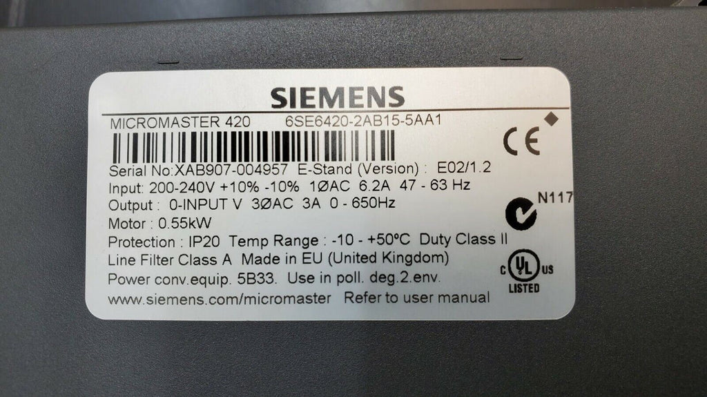 Siemens Micromaster 420 Drive 6SE6420-2AB15-5AA1 w/ 6SE6400-1PB00-0AA0 Module