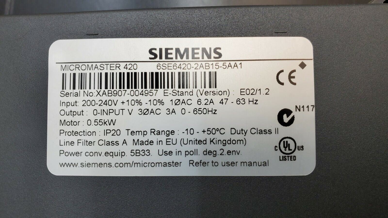 Siemens Micromaster 420 Drive 6SE6420-2AB15-5AA1 w/ 6SE6400-1PB00-0AA0 Module