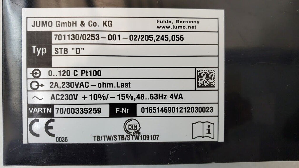 JUMO 701130 / 0253 - 001 - 02-205,245,056 Temperature Monitor Limiter 2A 230VAC