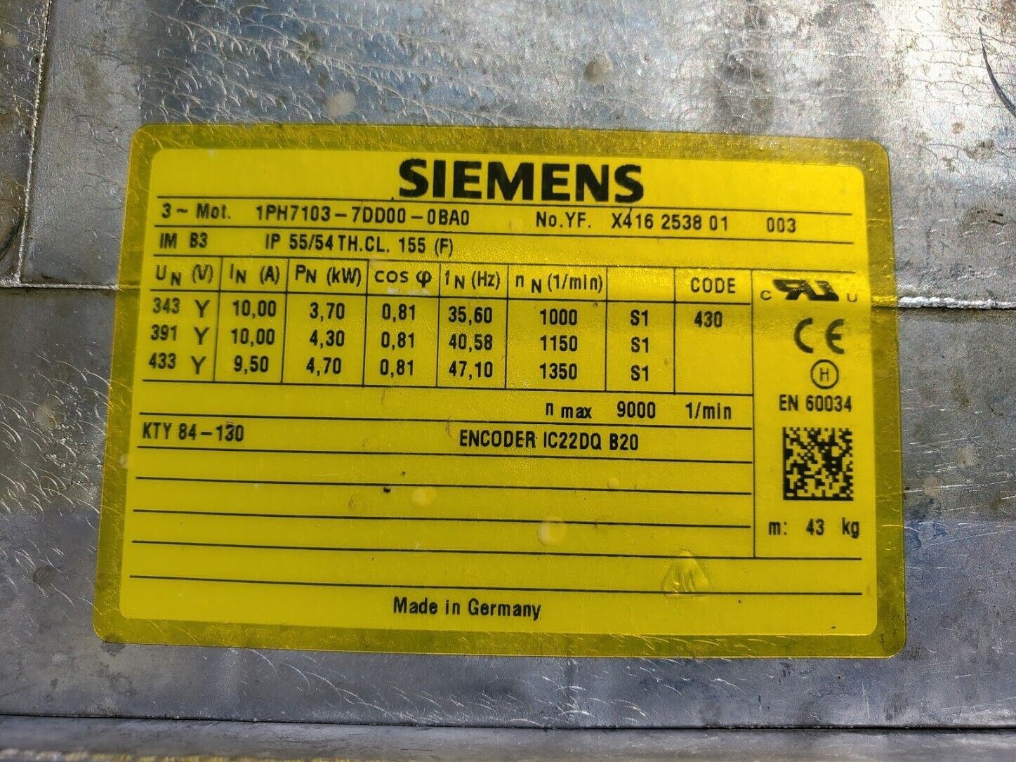 Siemens High Speed Spindle Motor Servo 1PH7103-7DD00-0BA0 4kW 9000rpm IC22DQ