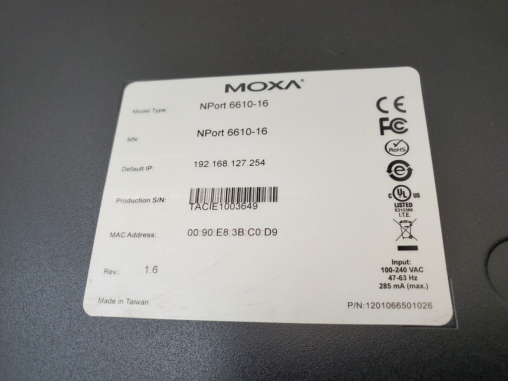MOXA NPort 6610-16 16 Ports 8-pin RJ45 RS-232 Secure Device Server 100V~240Vac