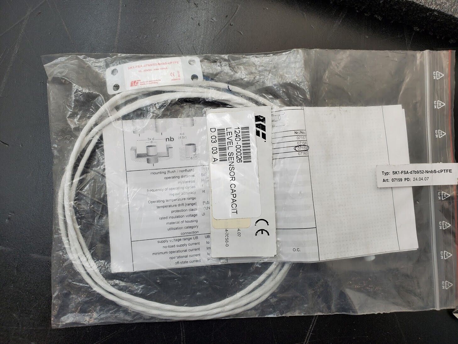 3x SENSORIK Capacitive Level Proximity Sensor SK1-FSA-d7b9/52-NnbS-cPTFE 3 Wire