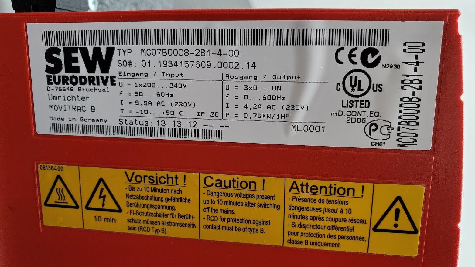 SEW EURODRIVE MOVITRAC MC07B0008-2B1-4-00 230V 1PH .75kW 1.0HP AC 4.2A D-76646